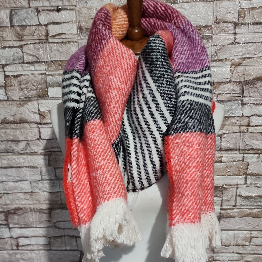 A New Day Colorblock Fringe Blanket Scarf in Coral, Purple & Black-White New